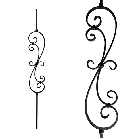 Iron Stair Balusters 1/2" Square x 44" Long, Big Scroll, Hollow, Black Powder Coated - 6pcs - (Satin Black) - DH-09