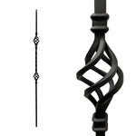 Iron Stair Balusters 1/2" Square x 44" Long, Double Basket, Hollow, Black Powder Coated - 15pcs - (Satin Black) - DH-05